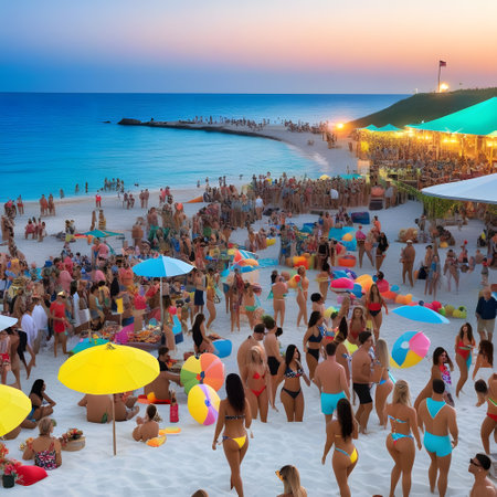 Big beach party with music and young people in the sandの素材