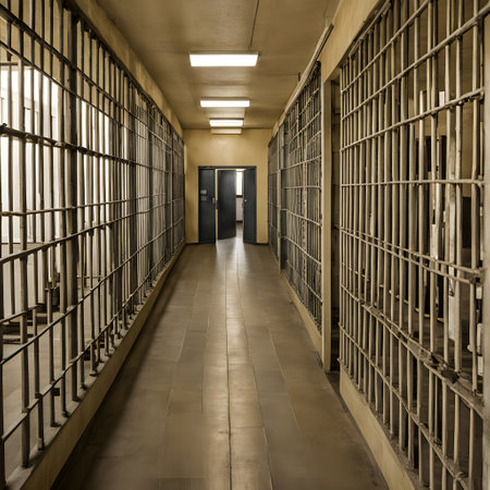 Cell block in prison with steel bars with no chance of escapeの素材