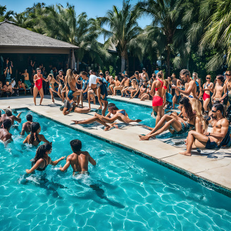 Big pool party with lots of young people under a sunny skyの素材