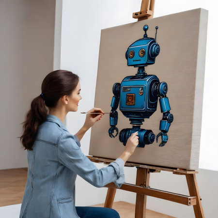 humanoid robot paints a self-portrait on the canvasの素材
