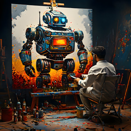 humanoid robot paints a self-portrait on the canvasの素材