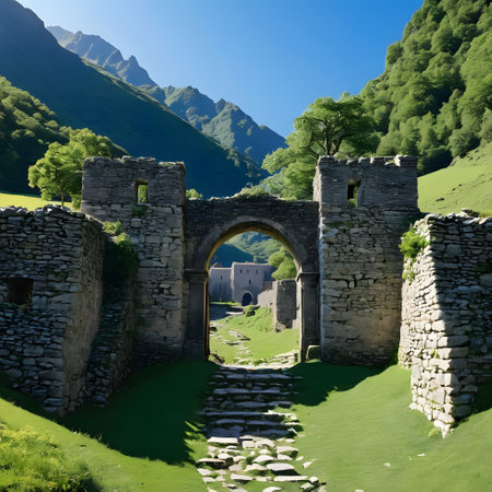 old stone ruins with entrance gate in the landscapeの素材