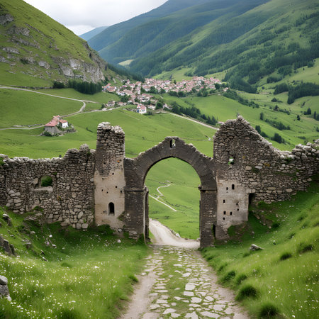 old stone ruins with entrance gate in the landscapeの素材
