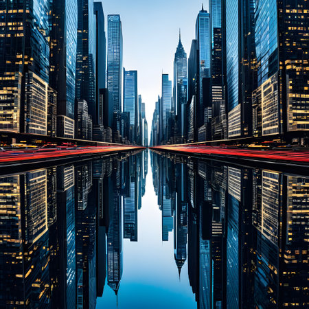 Metropolis with skyscrapers and streets reflectedの素材