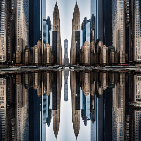 Metropolis with skyscrapers and streets reflectedの素材