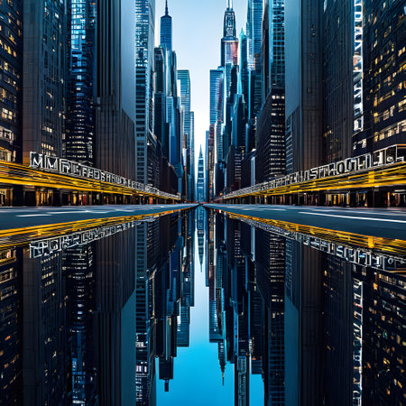 Metropolis with skyscrapers and streets reflectedの素材