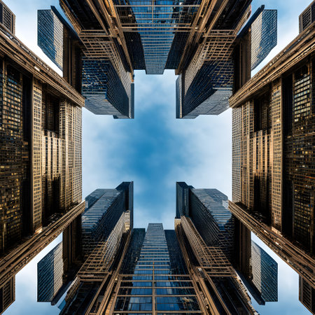 Metropolis with skyscrapers and streets reflectedの素材