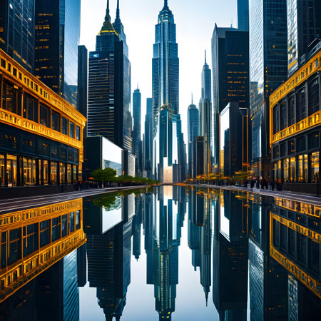 Metropolis with skyscrapers and streets reflectedの素材
