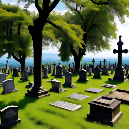 old cemetery with moss-covered gravestones on the meadowの素材