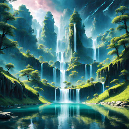 Surreal waterfall in an idyllic setting in the countrysideの素材