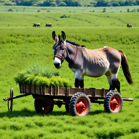 Donkey pulls wooden cart on the fieldの素材