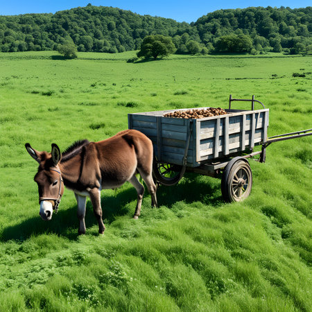 Donkey pulls wooden cart on the fieldの素材