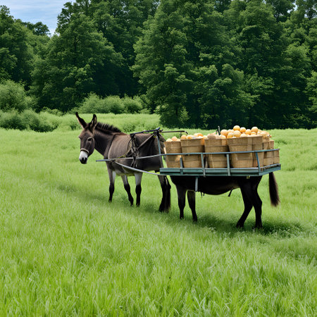Donkey pulls wooden cart on the fieldの素材