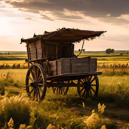 Donkey pulls wooden cart on the fieldの素材