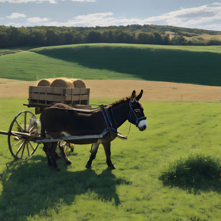 Donkey pulls wooden cart on the fieldの素材