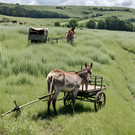 Donkey pulls wooden cart on the fieldの素材