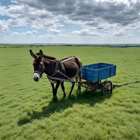 Donkey pulls wooden cart on the fieldの素材
