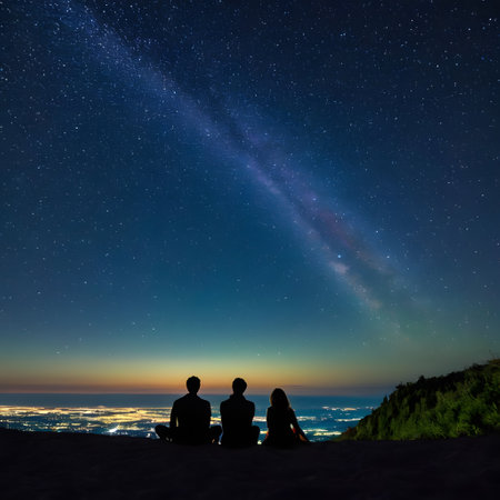 Friends in nature watching the sky and shooting starsの素材