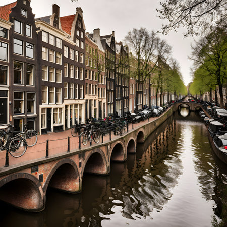 City view of Amsterdam with canals in the Netherlandsの素材