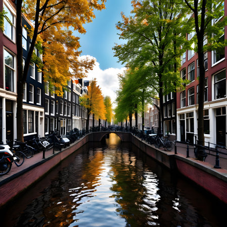 City view of Amsterdam with canals in the Netherlandsの素材