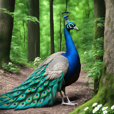 Peacock with beautiful blue plumage fluffs itself upの素材