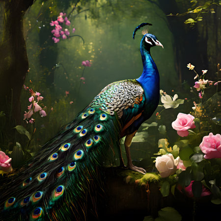 Peacock with beautiful blue plumage fluffs itself upの素材