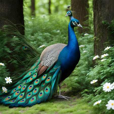 Peacock with beautiful blue plumage fluffs itself upの素材