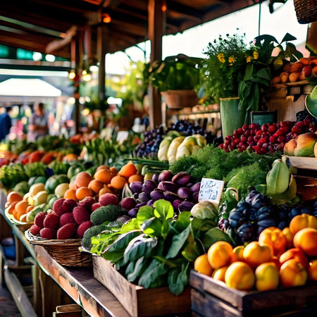 Large farmers market with stalls selling colorful agricultural fruitsの素材