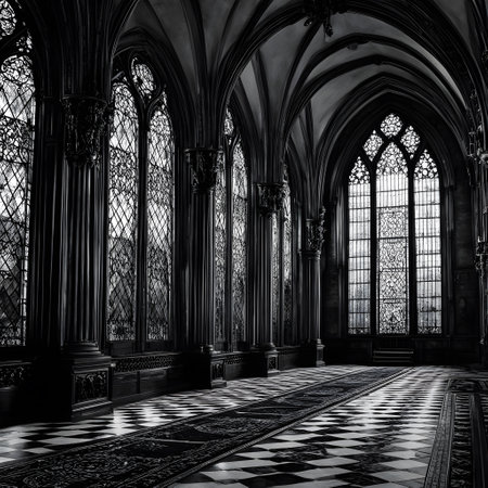 large dark gothic cathedral with colorful leaded glass windowsの素材