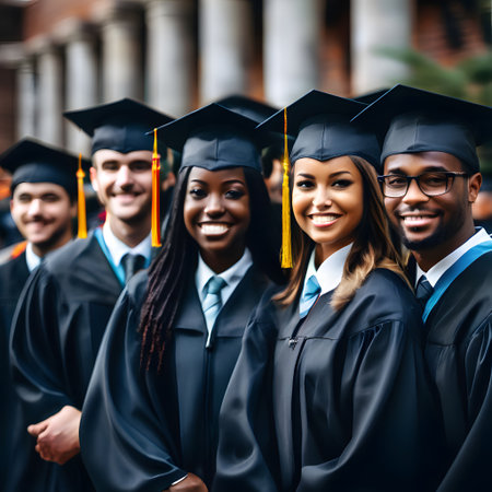 University graduates in their gowns and academic hatsの素材