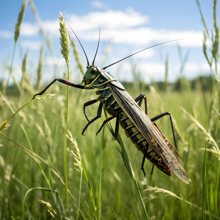 Grasshopper crouches in the grass and looks for foodの素材