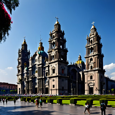 Famous large cathedral in Mexico City with towers and spiersの素材
