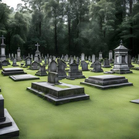 old cemetery with moss-covered gravestones on the meadowの素材