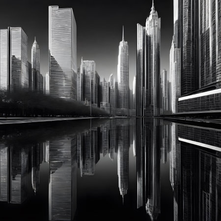 Metropolis with skyscrapers and streets reflectedの素材