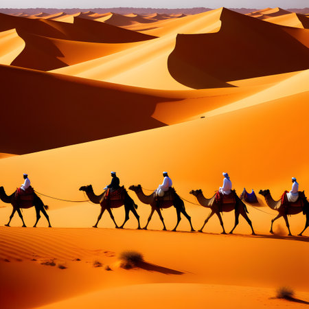 Camel caravan in sandy desert over dunesの素材