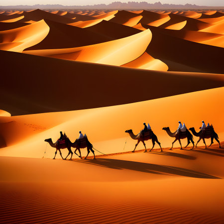 Camel caravan in sandy desert over dunesの素材