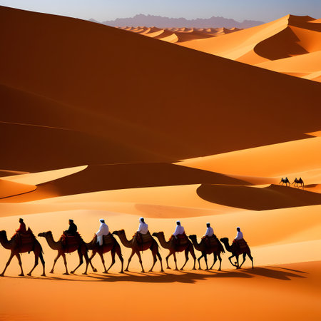 Camel caravan in sandy desert over dunesの素材