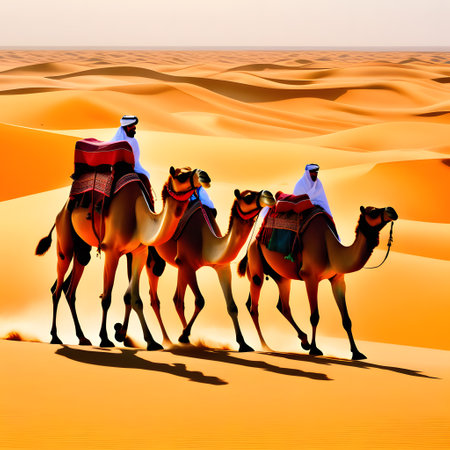 Camel caravan in sandy desert over dunesの素材