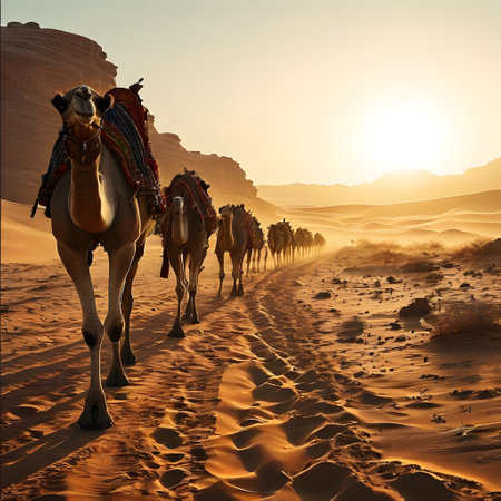 Camel caravan in sandy desert over dunesの素材