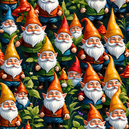 funny colorful garden gnomes in a German allotment gardenの素材