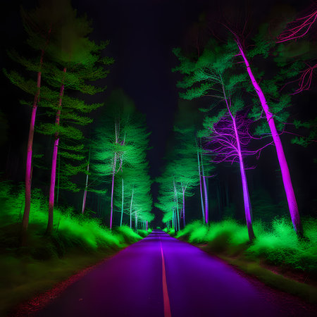mysterious neon landscape glowing in the night darkの素材
