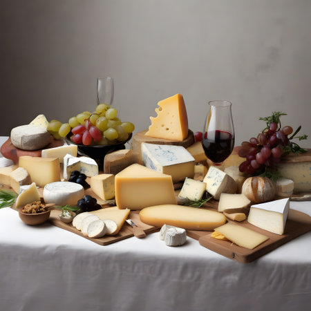 a table full of different cheese delicacies and red wineの素材