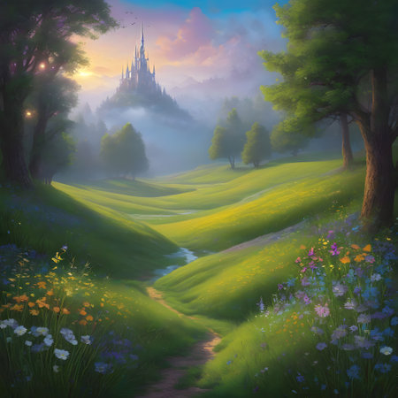 mystical and magical meadow with colorful flowers and a magicの素材