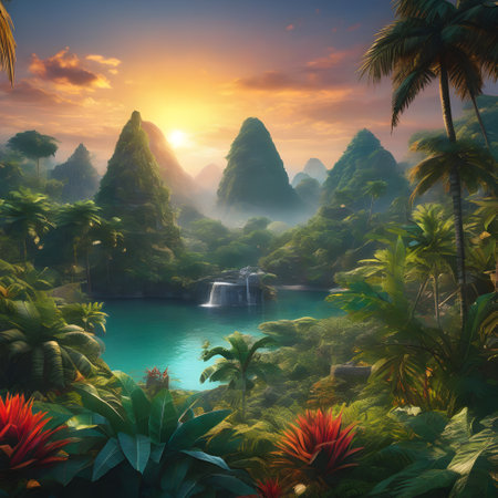 Primeval paradise of the Cretaceous period with animals and plantsの素材