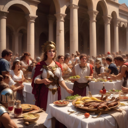 Roman feast with lots of food and drinkの素材