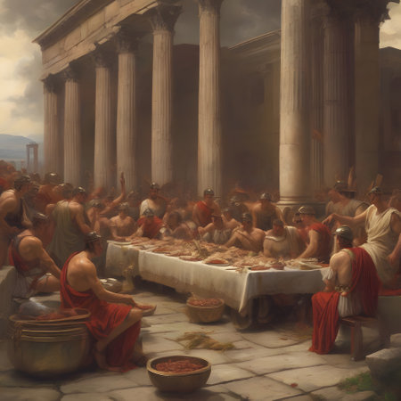 Roman feast with lots of food and drinkの素材