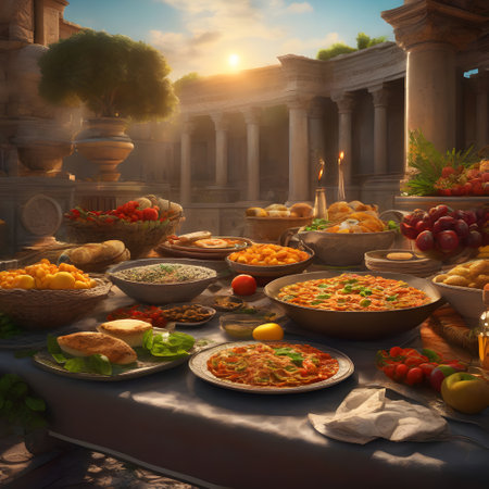 Roman feast with lots of food and drinkの素材