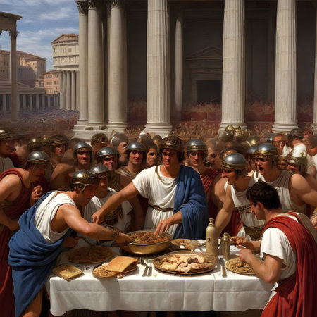 Roman feast with lots of food and drinkの素材