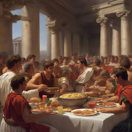 Roman feast with lots of food and drinkの素材