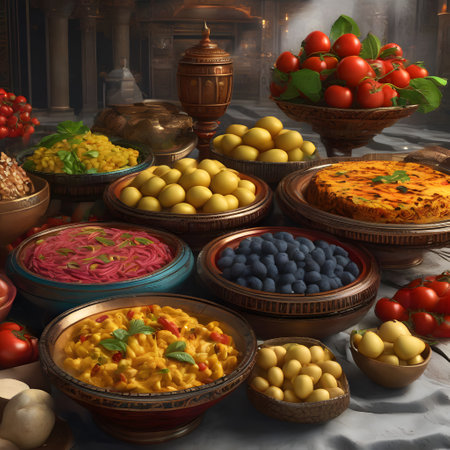 Roman feast with lots of food and drinkの素材